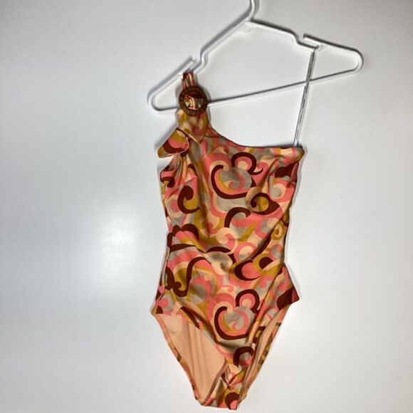 Zimmermann Mae Orange Swirl Print One-Shoulder Buckle Swimsuit NWT Size 4 - Picture 4 of 16